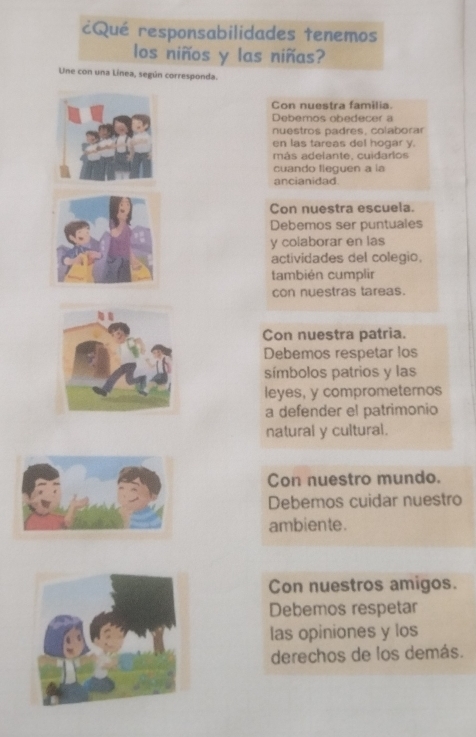 cQué responsabilidades tenemos
los niños y las niñas?
Une con una Línea, según corresponda.
Con nuestra familia.
Debemos obedecer a
nuestros padres, colaborar
en las tareas del hogar y.
más adelante. cuidaros
cuando fleguen a ia
ancianidad.
Con nuestra escuela.
Debemos ser puntuales
y colaborar en las
actividades del colegio.
también cumplir
con nuestras tareas.
Con nuestra patria.
Debemos respetar los
símbolos patrios y las
leyes, y comprometernos
a defender el patrimonio
natural y cultural.
Con nuestro mundo.
Debemos cuidar nuestro
ambiente.
Con nuestros amigos.
Debemos respetar
las opiniones y los
derechos de los demás.