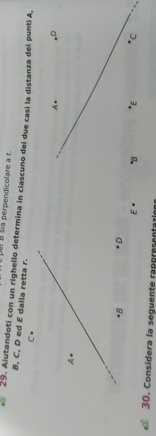 per B sia perpendicolare a t. 
29. Aiutandoti con un righello determina in ciascuno dei due casi la distanza dei punti A,
B, C, D ed E dalla retta r. 
C. 
A. 
D 
A. 
B 
D 
E 
*B 
E 
C 
30. Considera la seguente rappresentaziono