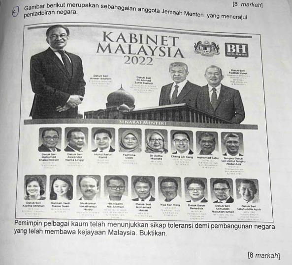 [8 markah] 
Gambar berikut merupakan sebahagaian anggota Jemaah Menteri yang me 
pentadbiran negara. 
telah menunjukkan sikap toleransi demi pembangunan negara 
yang telah membawa kejayaan Malaysia. Buktikan. 
[8 markah]