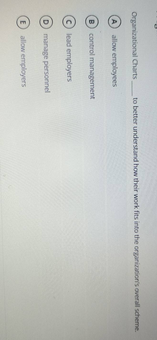 Organizational Charts _to better understand how their work fits into the organization's overall scheme.
A allow employees
B  control management
C lead employers
D manage personnel
E allow employers