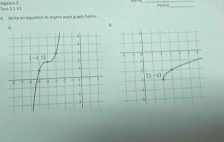 Name
Algebra 2 _Period_
Test 2.1 V1
4. Write an equation to match each graph below.
A.
B.