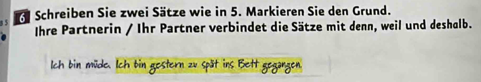 Schreiben Sie zwei Sätze wie in 5. Markieren Sie den Grund. 
Ihre Partnerin / Ihr Partner verbindet die Sätze mit denn, weil und deshalb. 
Ich bin müde. Ich bin gestern zu spät ins Bett gegangen.