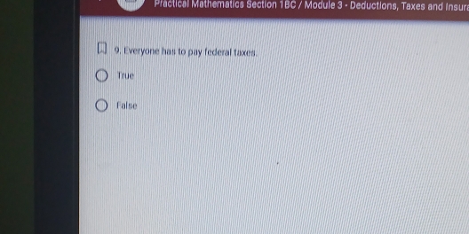 Practical Mathematics Section 1BC / Module 3 - Deductions, Taxes and Insura
9. Everyone has to pay federal taxes.
True
False