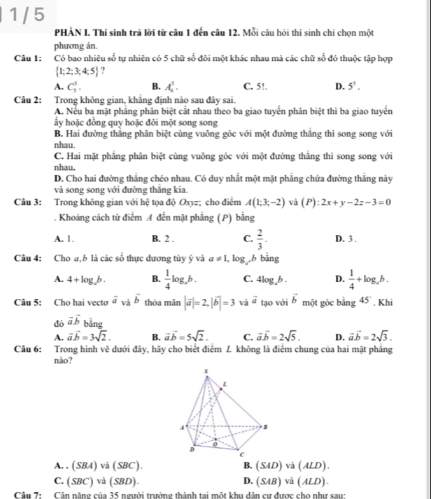 1 / 5
PHÀN I. Thí sinh trả lời từ câu 1 đến câu 12. Mỗi câu hỏi thí sinh chi chọn một
phương án.
Câu 1: Có bao nhiêu số tự nhiên có 5 chữ số đôi một khác nhau mà các chữ số đó thuộc tập hợp
 1;2;3;4;5 ?
A. C_5^(5. B. A_6^5. C. 5!. D. 5^5).
Câu 2: Trong không gian, khẳng định nào sau đây sai.
A. Nếu ba mặt phẳng phân biệt cắt nhau theo ba giao tuyến phân biệt thì ba giao tuyến
ấy hoặc đồng quy hoặc đôi một song song
B. Hai đường thăng phân biệt cùng vuông góc với một đường thăng thì song song với
nhau.
C. Hai mặt phăng phân biệt cùng vuông góc với một đường thăng thì song song với
nhau.
D. Cho hai đường thắng chéo nhau. Có duy nhất một mặt phẳng chứa đường thắng này
và song song với đường thăng kia.
Câu 3: Trong không gian với hệ tọa độ Oxyz; cho điểm A(1;3;-2) và (P) 2x+y-2z-3=0. Khoảng cách từ điểm A đến mặt phẳng (P) bằng
A. 1 , B. 2 . C.  2/3 . D. 3 .
Câu 4: Cho a,b là các số thực dương tùy ý và a!= 1,log _a^4b bằng
A. 4+log _ab. B.  1/4 log _ab. C. 4log _ab. D.  1/4 +log _ab.
Câu 5: Cho hai vecto vector avvector avector b thỏa mãn |vector a|=2,|vector b|=3 và vector a tạo với vector b một góc bing45. Khi
đó vector avector b bằng
A. vector avector b=3sqrt(2). B. vector avector b=5sqrt(2). C. vector avector b=2sqrt(5). D. vector avector b=2sqrt(3).
Câu 6: Trong hình vẽ dưới đây, hãy cho biết điểm L không là điểm chung của hai mặt phẳng
nào?
A. . (SBA)va(SBC). B. (SAD)va(ALD).
C. (SBC)sqrt(a(SBD).) D. (SAB)sqrt(a)(ALD).
Câu 7: Cân năng của 35 người trưởng thành tai một khu dân cự được cho như sau: