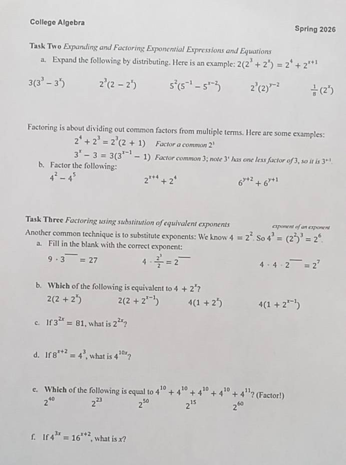 Solved: College Algebra Spring 2026 Task Two Expanding and Factoring ...