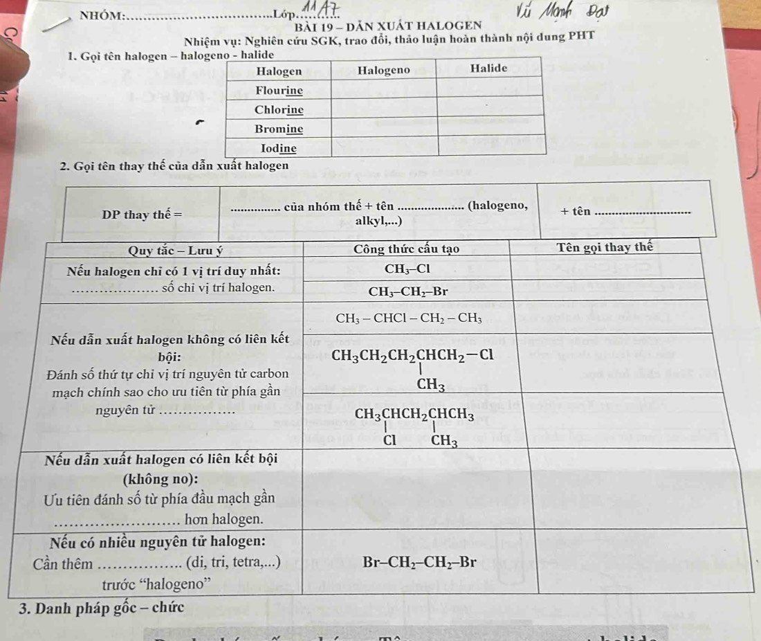 nNHóm: _Lóp
bàI 19 - dảN XUÁT HALOGEN
Nhiệm vụ: Nghiên cứu SGK, trao đổi, thảo luận hoàn thành nội dung PHT
1. Gọi tên halogen - hal
2. Gọi tên thay thế của dẫn xuất halogen
3