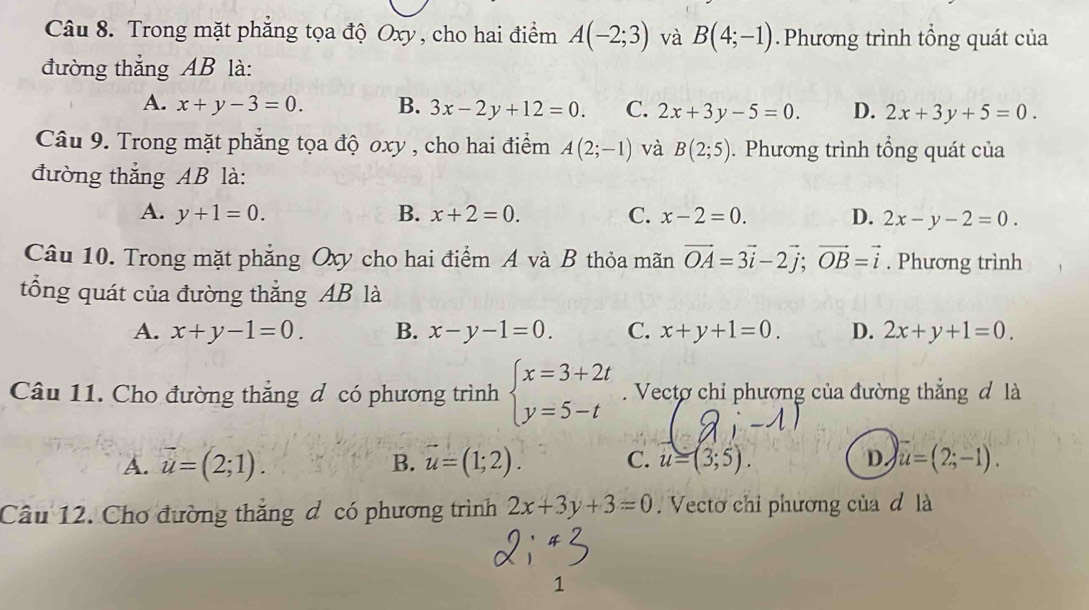 Trong mặt phăng tọa độ Oxy , cho hai điểm A(-2;3) và B(4;-1) Phương trình tổng quát của
đường thắng AB là:
A. x+y-3=0. B. 3x-2y+12=0. C. 2x+3y-5=0. D. 2x+3y+5=0. 
Câu 9. Trong mặt phẳng tọa độ oxy , cho hai điểm A(2;-1) và B(2;5). Phương trình tổng quát của
đường thắng AB là:
A. y+1=0. B. x+2=0. C. x-2=0. D. 2x-y-2=0. 
Câu 10. Trong mặt phẳng Oxy cho hai điểm A và B thỏa mãn vector OA=3vector i-2vector j; vector OB=vector i. Phương trình
tổng quát của đường thẳng AB là
A. x+y-1=0. B. x-y-1=0. C. x+y+1=0. D. 2x+y+1=0. 
Câu 11. Cho đường thẳng đ có phương trình beginarrayl x=3+2t y=5-tendarray.. Vectơ chỉ phương của đường thẳng đ là
A. vector u=(2;1). B. vector u=(1;2). C. u=(3;5). D u=(2;-1). 
Câu 12. Cho đường thẳng đ có phương trình 2x+3y+3=0 Vecto chỉ phương của đ là
1