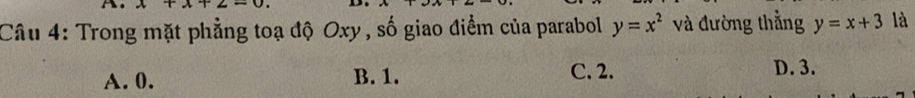 x x2- 
Câu 4: Trong mặt phẳng toạ độ Oxy, số giao điểm của parabol y=x^2 và đường thẳng y=x+3 là
A. 0. B. 1. C. 2. D. 3.