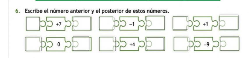 Escribe el número anterior y el posterior de estos números.
+7
-1
+1
0
+4
-9