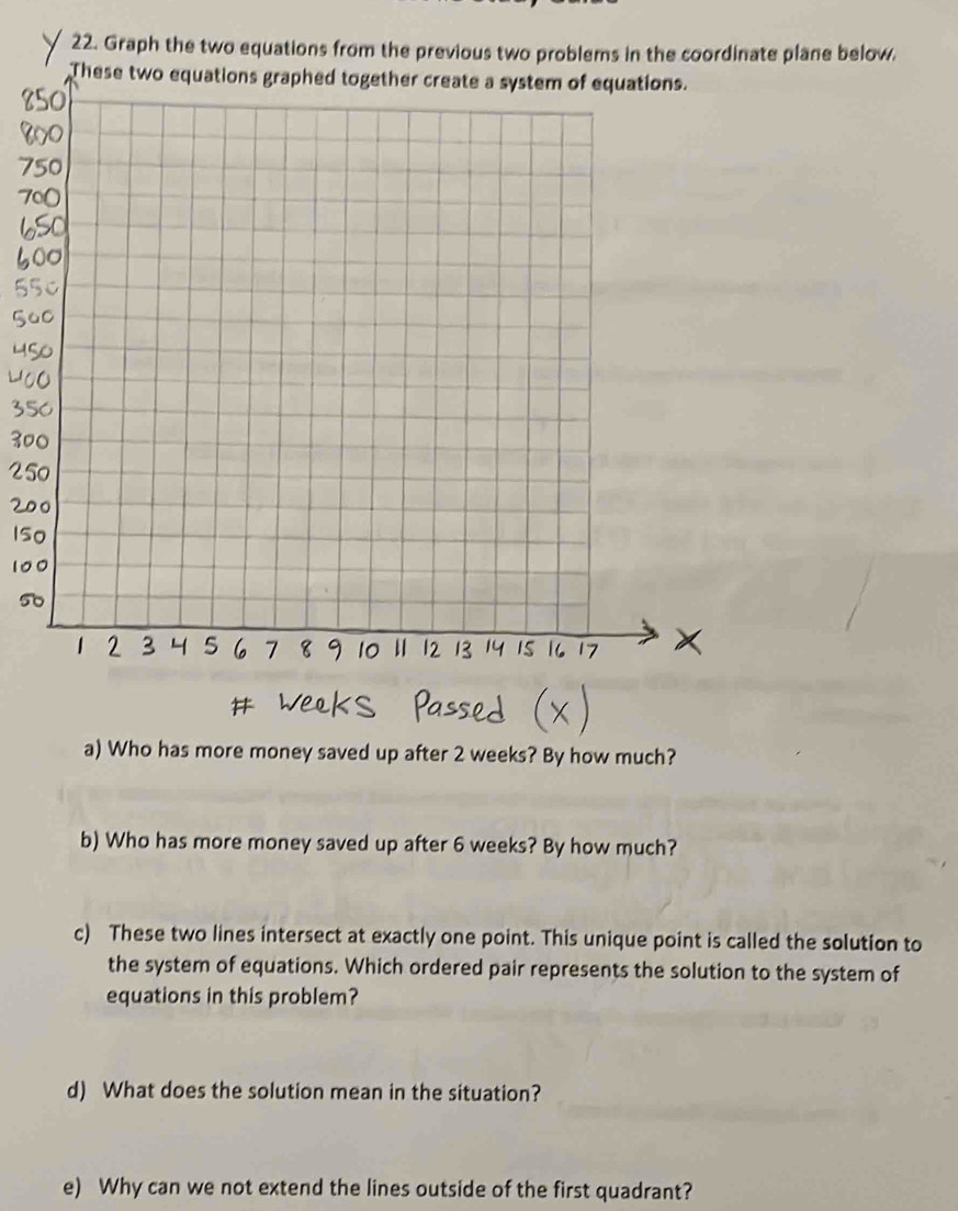 Graph the two equations from the previous two problems in the coordinate plane below. 
a) Who has more money saved up after 2 weeks? By how much? 
b) Who has more money saved up after 6 weeks? By how much? 
c) These two lines intersect at exactly one point. This unique point is called the solution to 
the system of equations. Which ordered pair represents the solution to the system of 
equations in this problem? 
d) What does the solution mean in the situation? 
e) Why can we not extend the lines outside of the first quadrant?