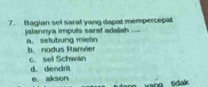 Bagian sel saraf yang dapat mempercepat
jalannya impuls saraf adalah_
a. selubung mielin
b. nodus Ranvier
c. sei Schwan
d. dendrit
e. akson
yang tidak