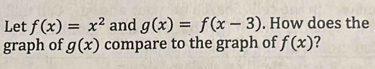 Let f(x)=x^2 and g(x)=f(x-3). How does the 
graph of g(x) compare to the graph of f(x) 2