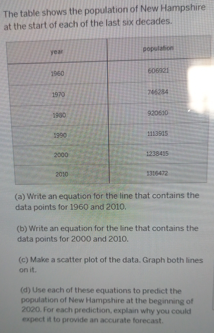 The table shows the population of New Hampshire 
at the start of each of the last six decades. 
(a) Write an equation for the line that contains the 
data points for 1960 and 2010. 
(b) Write an equation for the line that contains the 
data points for 2000 and 2010. 
(c) Make a scatter plot of the data. Graph both lines 
on it. 
(d) Use each of these equations to predict the 
population of New Hampshire at the beginning of 
2020. For each prediction, explain why you could 
expect it to provide an accurate forecast.