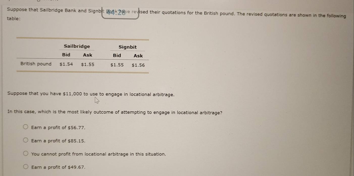 Suppose that Sailbridge Bank and Signbit Bank have revised their quotations for the British pound. The revised quotations are shown in the following
table:
Suppose that you have $11,000 to use to engage in locational arbitrage.
In this case, which is the most likely outcome of attempting to engage in locational arbitrage?
Earn a profit of $56.77.
Earn a profit of $85.15.
You cannot profit from locational arbitrage in this situation.
Earn a profit of $49,67.