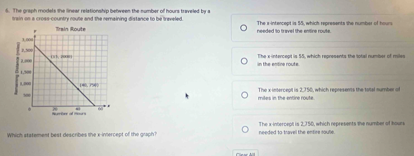 The graph models the linear relationship between the number of hours traveled by a
train on a cross-country route and the remaining distance to be traveled. The x-intercept is 55, which represents the number of hours
needed to travel the entire route.
The x-intercept is 55, which represents the total number of miles
in the entire route.
The x-intercept is 2,750, which represents the total number of
miles in the entire route.
The x-intercept is 2,750, which represents the number of hours
Which statement best describes the x-intercept of the graph? needed to travel the entire route.