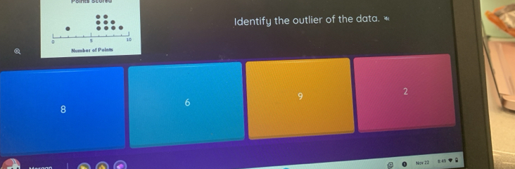 Identify the outlier of the data.
2
6
9
8
Nov 22