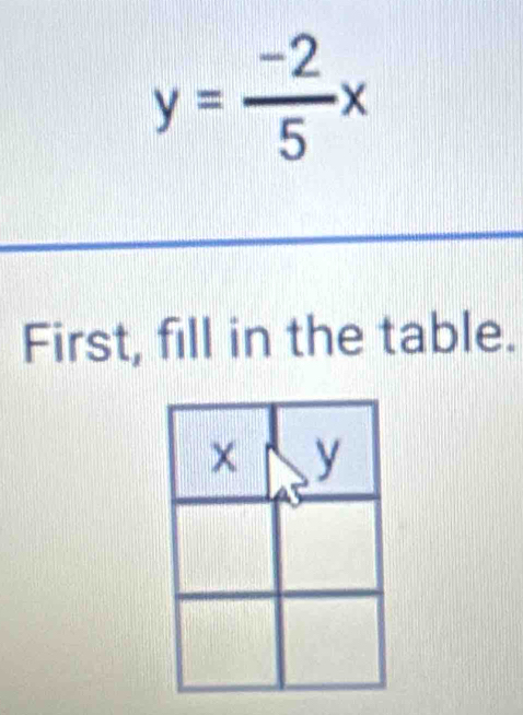 y= (-2)/5 x
First, fill in the table.