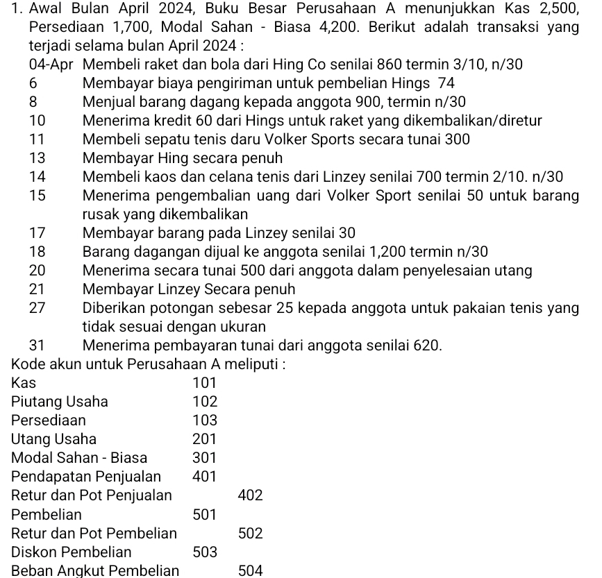 Awal Bulan April 2024, Buku Besar Perusahaan A menunjukkan Kas 2,500, 
Persediaan 1,700, Modal Sahan - Biasa 4,200. Berikut adalah transaksi yang 
terjadi selama bulan April 2024 : 
04-Apr Membeli raket dan bola dari Hing Co senilai 860 termin 3/10, n/30
6 Membayar biaya pengiriman untuk pembelian Hings 74
8 Menjual barang dagang kepada anggota 900, termin n/30
10 Menerima kredit 60 dari Hings untuk raket yang dikembalikan/diretur
11 Membeli sepatu tenis daru Volker Sports secara tunai 300
13 Membayar Hing secara penuh
14 Membeli kaos dan celana tenis dari Linzey senilai 700 termin 2/10. n/30
15 Menerima pengembalian uang dari Volker Sport senilai 50 untuk barang 
rusak yang dikembalikan
17 Membayar barang pada Linzey senilai 30
18 Barang dagangan dijual ke anggota senilai 1,200 termin n/30
20 Menerima secara tunai 500 dari anggota dalam penyelesaian utang
21 Membayar Linzey Secara penuh
27 Diberikan potongan sebesar 25 kepada anggota untuk pakaian tenis yang 
tidak sesuai dengan ukuran
31 Menerima pembayaran tunai dari anggota senilai 620. 
Kode akun untuk Perusahaan A meliputi : 
Kas 101
Piutang Usaha 102
Persediaan 103
Utang Usaha 201
Modal Sahan - Biasa 301
Pendapatan Penjualan 401
Retur dan Pot Penjualan 402
Pembelian 501
Retur dan Pot Pembelian 502
Diskon Pembelian 503
Beban Angkut Pembelian 504