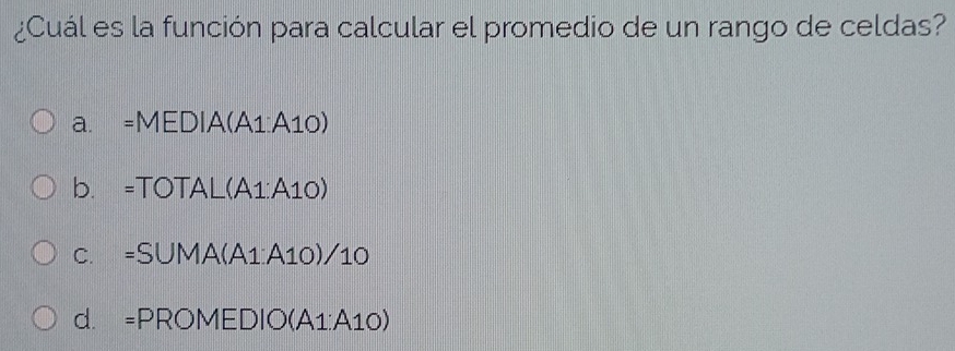 Resuelto:¿Cuál es la función para calcular el promedio de un rango de ...