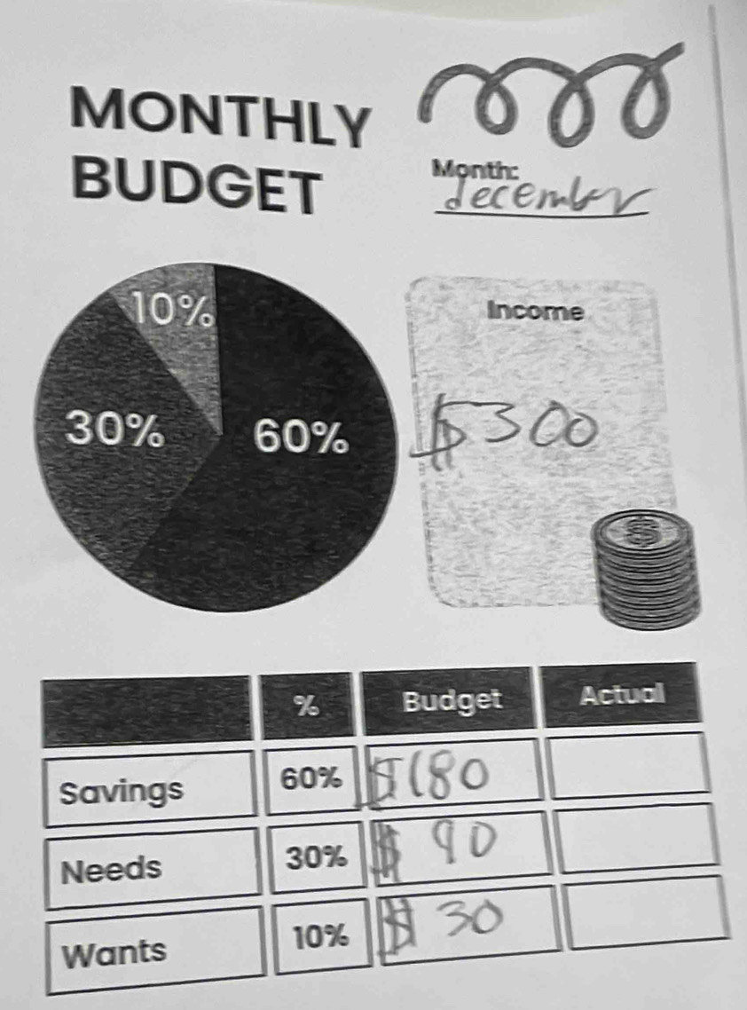 MONTHLY 
BUDGET_ 
Mọnth: 
Er 
Income
% Budget Actual 
Savings 60%
Needs 30%
Wants
10%