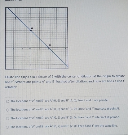 Dilate line f by a scale factor of 3 with the center of dilation at the origin to create
line f^r. Where are points A' and B' located after dilation, and how are lines f and f’
related?
The locations of A' and B' are A'(0,6) and B'(6,0); lines f and f' are parallel.
The locations of A' and B' are A'(0,6) and B'(2,0); lines f and f' intersect at point B.
The locations of A' and B' are A'(0,2) and B'(6,0); lines f and f^+ intersect at point A.
The locations of A' and B' are A'(0,2) and B'(2,0); lines f and f' are the same line.