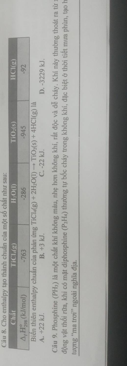 Cho enthalpy tạo thành chuẩn của một số chất như sau:
Biến thiên enthalpy chuẩn của phản ứng TiCl_4(g)+2H_2O(l)to TiO_2(s)+4HCl(g) là
A. +22 kJ. B. +3 kJ. C. -22 kJ. D. -3229 kJ.
Câu 9. Phosphine (PH₃) là một chất khí không màu, nhẹ hơn không khí, rất độc và dễ cháy. Khí này thường thoát ra từ :
động vật thối rữa, khi có mặt diphosphine (P_2H_4) thường tự bốc cháy trong không khí, đặc biệt ở thời tiết mưa phùn, tạo h
tượng “ma trơi” ngoài nghĩa địa.