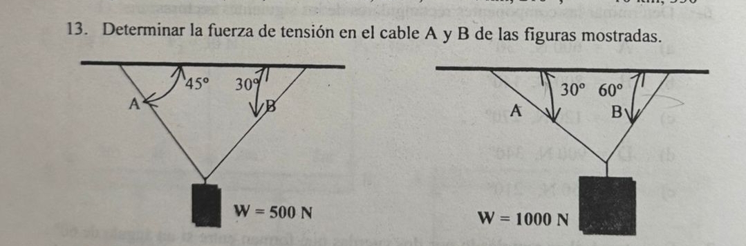 Determinar la fuerza de tensión en el cable A y B de las figuras mostradas.