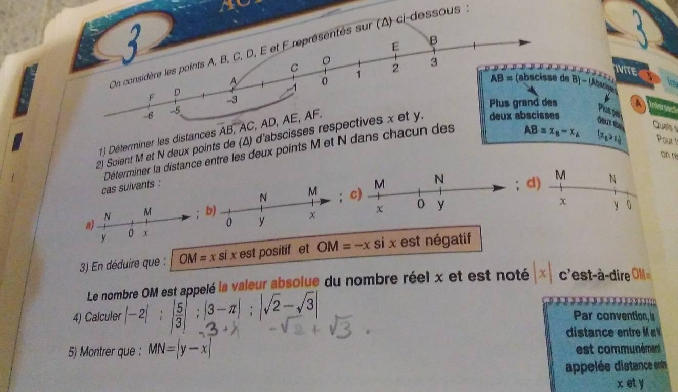 ci-dessous ;
IVITE
B)-(Abu)_sth DAAII im
A fintersect
Plur pe
1) Déterminer les distances AB
deux s Quels
AB=x_B-x_A (x_B>x_B) Pour !
2) Soient M et N deux points de (Δ) d'abscisse
Déterminer la distance entre les deux points M et N dans chacu
on re
cas suivants :M N
; d) M
N
c)
x y 0
)
χ y
3) En déduire que : OM=xsix est positif  et OM=-x si x est négatif
Le nombre OM est appelé la valeur absolue du nombre réel x et est noté c'est-à-dire 
4) Calculer |-2|:| 5/3 |;|3-π |;|sqrt(2)-sqrt(3)| Par convention, ls
dis   entre t   
5) Montrer que : MN=|y-x| est communément
appelée distance enn
x et y