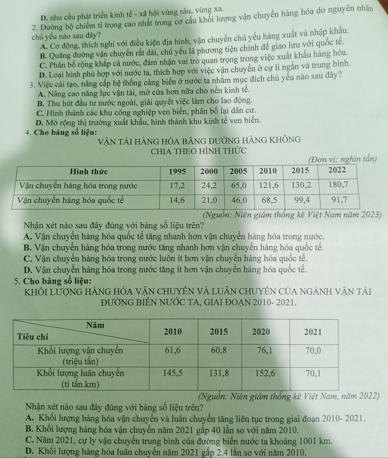 D. nhu cầu phát triển kinh tế - xã hội vùng sâu, vùng xa.
2. Đường bộ chiếm tỉ trọng cao nhất trong cơ cấu khối lượng vận chuyển hàng hóa do nguyên nhân
chủ yếu nào sau đây?
A. Cơ động, thích nghi với điều kiện địa hình, vận chuyển chủ yếu hàng xuất và nhập khẩu.
B. Quãng đường vận chuyển rất dài, chủ yếu là phương tiện chính để giao lưu với quốc tế.
C. Phân bố rộng khắp cả nước, đảm nhận vai trò quan trọng trong việc xuất khẩu hàng hóa.
D. Loại hình phù hợp với nước ta, thích hợp với việc vận chuyển ở cự li ngắn và trung bình.
3. Việc cải tạo, nâng cấp hệ thống cảng biển ở nước ta nhằm mục đích chủ yếu nào sau đây?
A. Nâng cao năng lực vận tải, mở cửa hơn nữa cho nền kinh tế.
B. Thu hút đầu tư nước ngoài, giải quyết việc làm cho lao động.
C. Hình thành các khu công nghiệp ven biển, phân bố lại dân cư.
D. Mở rộng thị trường xuất khẩu, hình thành khu kinh tế ven biển.
4. Cho bảng số liệu:
VậN TảI HÀNG HÓA bẢNG đƯỜNG HÀNG KHÔnG
CHIA THEO HÌNH THỨC
vị: nghìn tấn)
(Nguồn: Niên giám thống kê Việt Nam năm 2023)
Nhận xét nào sau đây đúng với bảng số liệu trên?
A. Vận chuyển hàng hóa quốc tế tăng nhanh hơn vận chuyển hàng hóa trong nước.
B. Vận chuyển hàng hóa trong nước tăng nhanh hơn vận chuyển hàng hóa quốc tế.
C. Vận chuyển hàng hóa trong nước luôn ít hơn vận chuyển hàng hóa quốc tế.
D. Vận chuyển hàng hóa trong nước tăng ít hơn vận chuyển hàng hóa quốc tế.
5. Cho bảng số liệu:
khỐi Lượng hÀng hóa vận chuyÊn và luân chuyên của ngành vận tải
ĐƯỜNG BIÊN NƯỚC TA, GIAI ĐOẠN 2010- 2021.
(Nguồn: Niên giám thống kê Việt Nam, năm 2022)
Nhận xét nào sau đây đúng với bảng số liệu trên?
A. Khối lượng hàng hóa vận chuyển và luân chuyển tăng liên tục trong giai đoạn 2010- 2021.
B. Khối lượng hàng hóa vận chuyển năm 2021 gấp 40 lần so với năm 2010.
C. Năm 2021, cự ly vận chuyển trung bình của đường biển nước ta khoảng 1001 km.
D. Khối lượng hàng hóa luân chuyển năm 2021 gấp 2,4 lần so với năm 2010.