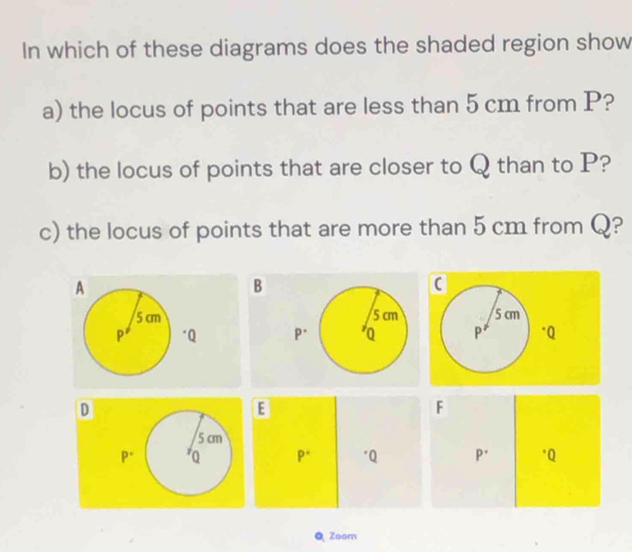 In which of these diagrams does the shaded region show 
a) the locus of points that are less than 5 cm from P? 
b) the locus of points that are closer to Q than to P? 
c) the locus of points that are more than 5 cm from Q? 
B
5 cm
p "Q
D
E
F
5 cm
P° Q
p * "Q P. * Q
Q Zoom