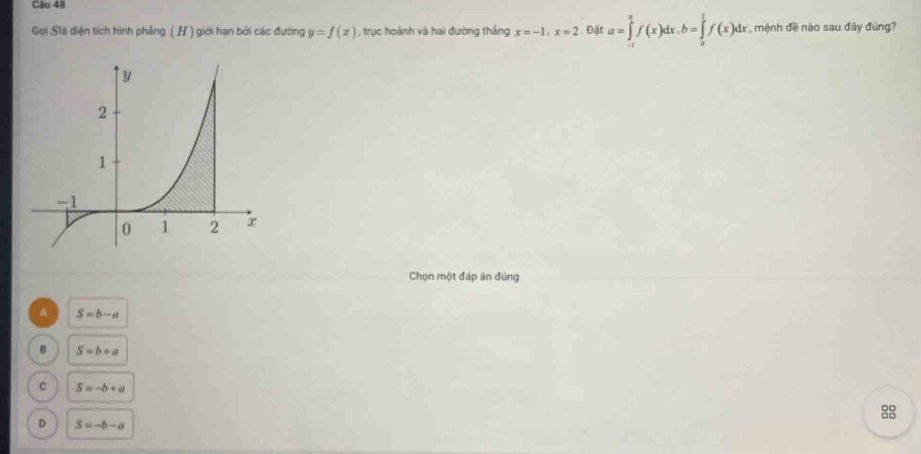 Gọi Sià diện tích hình phẳng ( H ) giới hạn bởi các đường y=f(x) , trục hoành và hai đường thắng x=-1, x=2. Đặt a=∈tlimits _(-1)^0f(x)dx, b=∈tlimits _0^1f(x)dx , mệnh đề nào sau đây đùng?
Chọn một đáp án đùng
A S=b-a
B S=b+a
C S=-b+a
88
D S=-b-a