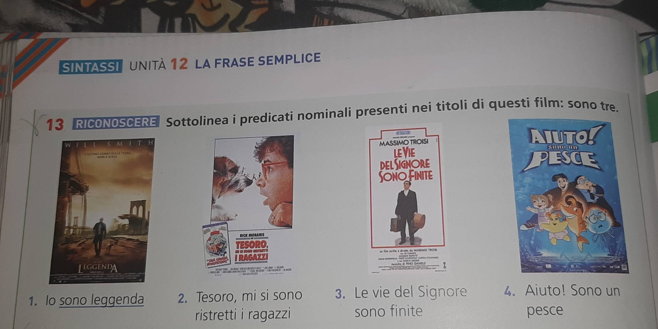 SinTASSI UNItà 12 la frAsE sEmplice 
13 RICONOSCERE Sottolinea i predicati nominali presenti nei titoli di questi film: sono tre. 

1. Io sono leggenda 2. Tesoro, mi si sono 3. Le vie del Signore 
4. Aiuto! Sono un 
ristretti i ragazzi sono finite pesce