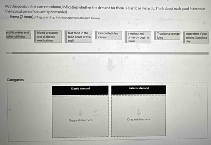 Put the goods in the correct column, indicating whether the demand for them is elastic or inelastic. Think about each good in terms of
the typical person's quantity demanded.
ltems (7 ltems) (Drag and drop into the appropriate area below)
public water and blood pressure fast food in the Cocoa Pebbles a restaurant Tropicana orange cigarettes if you
other utilities and diabetes food court at the cereal drive-through at juíce smoke 3 packs a
medication mall 3 a m. day
Categories
Elastic demand Inelastic demand
Drag and drop here Drag and drop here