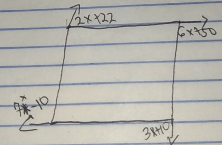 2x* 22
-
6x+50
7x-10
3x+10