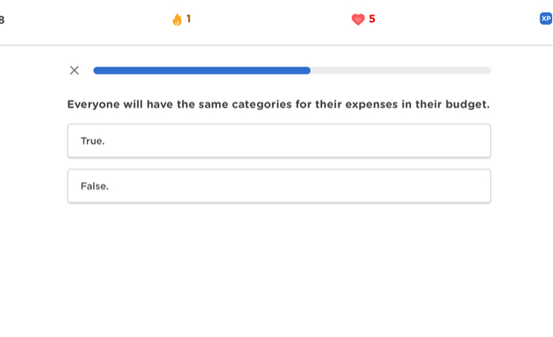 3
1
5
XP
×
Everyone will have the same categories for their expenses in their budget.
True.
False.