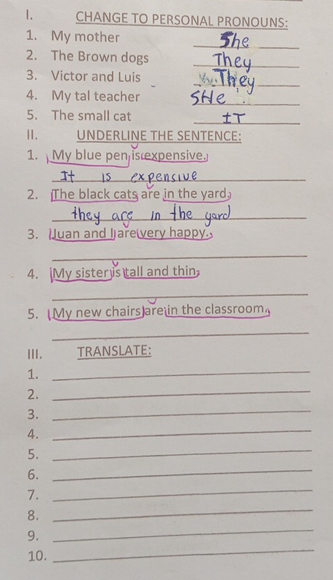 CHANGE TO PERSONAL PRONOUNS: 
_ 
1. My mother 
_ 
2. The Brown dogs 
_ 
3. Victor and Luis 
4. My tal teacher 
_ 
_ 
5. The small cat 
Ⅱ. UNDERLINE THE SENTENCE: 
1. My blue pen is expensive. 
_ 
_ 
2. The black cats are in the yard 
_ 
3. Juan and lare very happy. 
_ 
4. My sister s tall and thin 
_ 
5. My new chairs are in the classroom 
_ 
III. TRANSLATE: 
1._ 
2. 
_ 
3._ 
4._ 
5. 
_ 
6. 
_ 
7. 
_ 
8. 
_ 
9. 
_ 
10. 
_