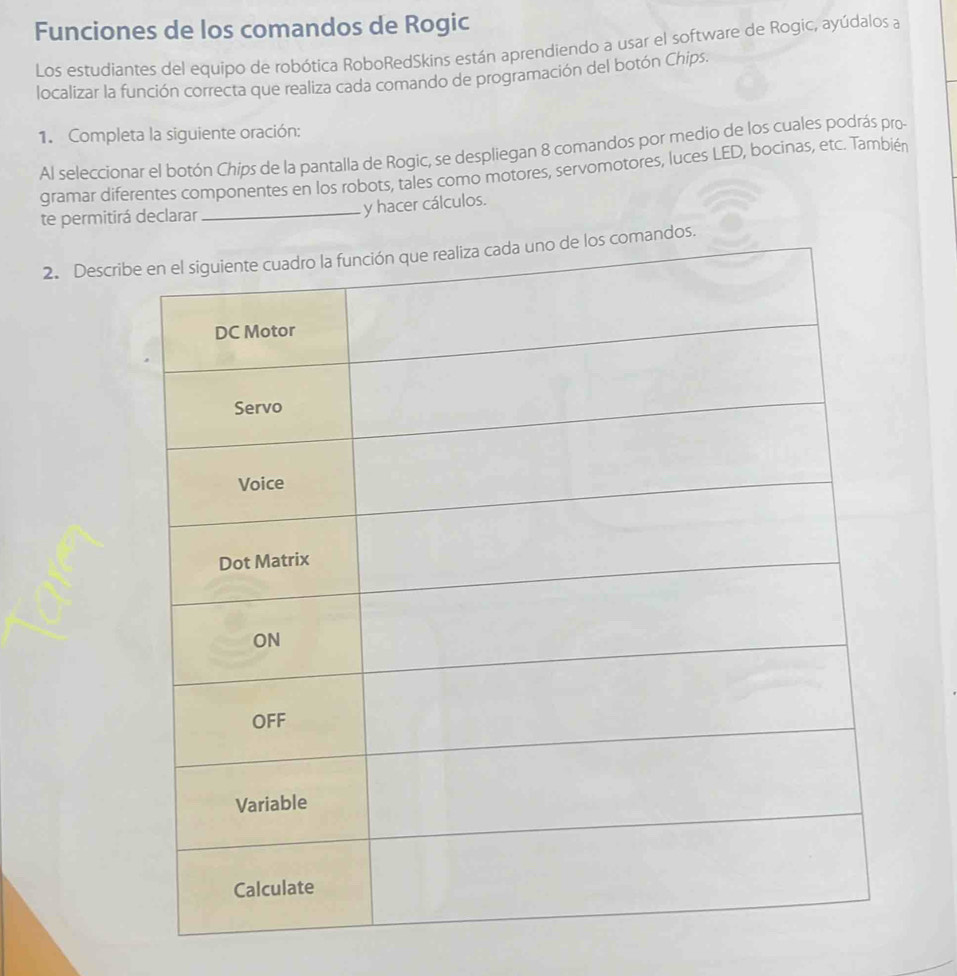 Funciones de los comandos de Rogic 
Los estudiantes del equipo de robótica RoboRedSkins están aprendiendo a usar el software de Rogic, ayúdalos a 
localizar la función correcta que realiza cada comando de programación del botón Chips. 
1. Completa la siguiente oración: 
Al seleccionar el botón Chips de la pantalla de Rogic, se despliegan 8 comandos por medio de los cuales podrás pro 
gramar diferentes componentes en los robots, tales como motores, servomotores, luces LED, bocinas, etc. También 
te permitirá declarar_ 
y hacer cálculos. 
2. Describndos.