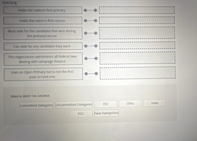 Matching 
Holds the nation's first primary 
Holds the nation's first caucus 
Must vote for the candidate that won during 
the primary/caucus 
Can vote for any candidate they want 
This organization administers all federal laws 
dealing with campaign finance 
Uses an Open Primary but is not the first 
state to hold one. 
DRAG & DROP THE ANSWER 
Committed Delegates Uncommitted Delegates FEC Ohio Iowa 
FED New Hampshire