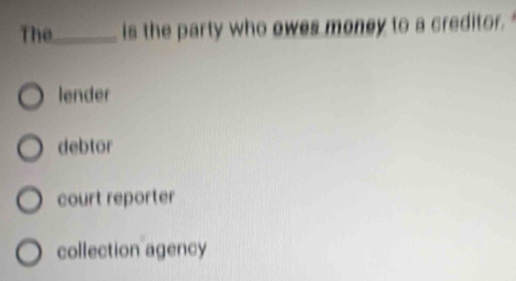 The_ is the party who owes money to a creditor.
lender
debtor
court reporter
collection agency