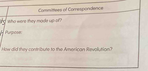 Committees of Correspondence 
Who were they made up of? 
Purpose: 
How did they contribute to the American Revolution?