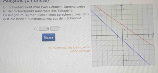 Auigabe: (2 Punkte) 
Im Schaubild sieht man zwei Geraden. Dummerweise 
ist der Schnittpunkt außerhalb des Schaubild. 
Deswegen muss man diesen eben berechnen. Lies daz 
erst die beiden Funktionsterme aus dem Schaubild.
S(□ 1□ )
lösen 
Ich möchte nur die Lösung seh 
(ohne Wertun