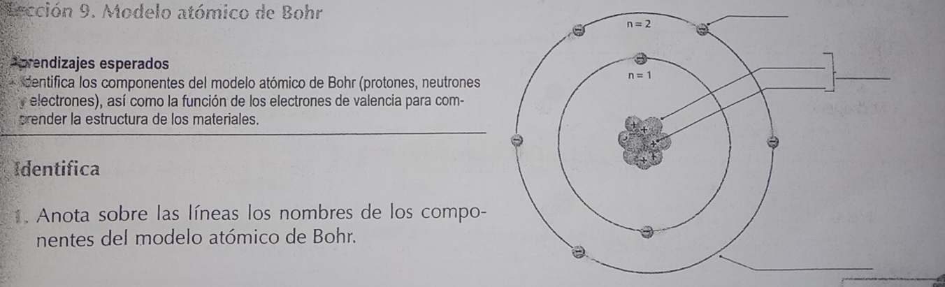 Eección 9. Modelo atómico de Bohr
Aprendizajes esperados
centifica los componentes del modelo atómico de Bohr (protones, neutrones
y electrones), así como la función de los electrones de valencia para com-
prender la estructura de los materiales.
Identifica
. Anota sobre las líneas los nombres de los compo-
nentes del modelo atómico de Bohr.