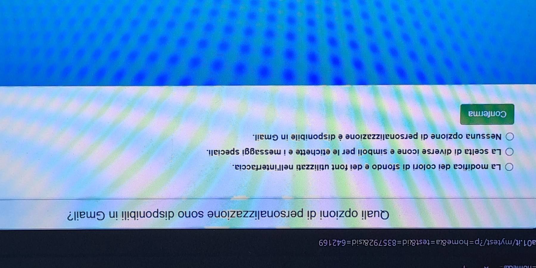 Quali opzioni di personalizzazione sono disponibili in Gmail?
La modifica dei colori di sfondo e dei font utilizzati nell'interfaccia.
La scelta di diverse icone e simboli per le etichette e i messaggi speciali.
Nessuna opzione di personalizzazione è disponibile in Gmail.
Conferma