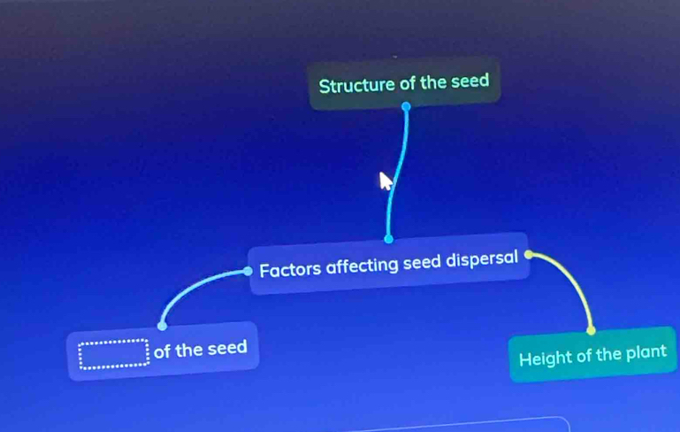 Structure of the seed 
Factors affecting seed dispersal
frac  1/2  3/2 _ 1/2 ^ 3/2  of the seed 
Height of the plant