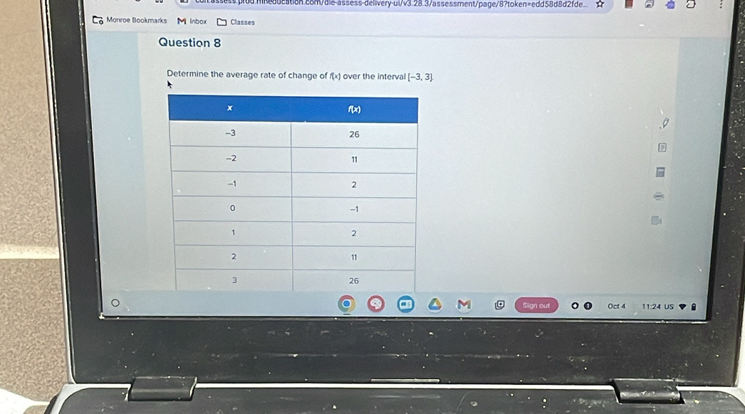 ou mieduestion.com/die-assess-delivery-ui/v3.28.3/assessment/page/8?token=edd58d8d2fde 
Monroe Bookmarks M Inbox Classes 
Question 8 
Determine the average rate of change of f(x) over the interval [-3,3]
Sign out Oct 4 11:24 US