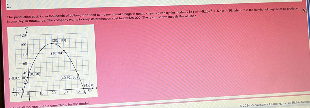 The production cost, C, in thousands of dollars, for a food company to make bags of potato chips is given by the model C(x)=-0.16x^2+6.4x+36 , where æ is the number of bags of chips produced
in one day, in thousands. The company wants to keep its production cost below $30,000. The graph shown models the situation.
© 2024 Renaissance Learning, Inc. All Rights Resen
Solect all the reasonable constraints for the model