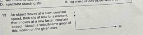 D. spectator standing still H. leg cramp causes sudcen uid
13. An object moves at a slow, constant
speed, then sits at rest for a moment,
then moves at a new faster, constant
speed. Sketch a velocity-time graph of
this motion on the given axes.