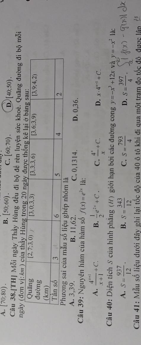 A. [70;80). B. [50;60). C. [60;70). D. [40;50).
Câu 38.[TH] Mỗi ngày Thầy Hùng đều đi bộ đề rèn luyện sức khoẻ. Quãng đường đi bộ mỗi
ngày (đơn vị: km ) của thầy Hùng trong
là
A. 3,39. B. 11,62. C. 0,1314. D. 0,36.
Câu 39: Nguyên hàm của hàm số f(x)=e^(2x) là:
B.
A.  (4^(x+1))/x+1 +C.  1/2 e^(2x)+C. C.  4^x/x +C. D. x· 4^(x-1)+C.
Câu 40: Diện tích S của hình phẳng (H) giới hạn bởi các đường cong y=-x^3+12x và y=-x^2 là:
A. S= 937/12 . S= 343/12  C. S= 793/4  D. S= 397/4 .
B.
Câu 41: Mẫu số liệu dưới đây ghi lại tốc độ của 40 ô tô khi đi qua một trạm đo tốc độ được lập 1