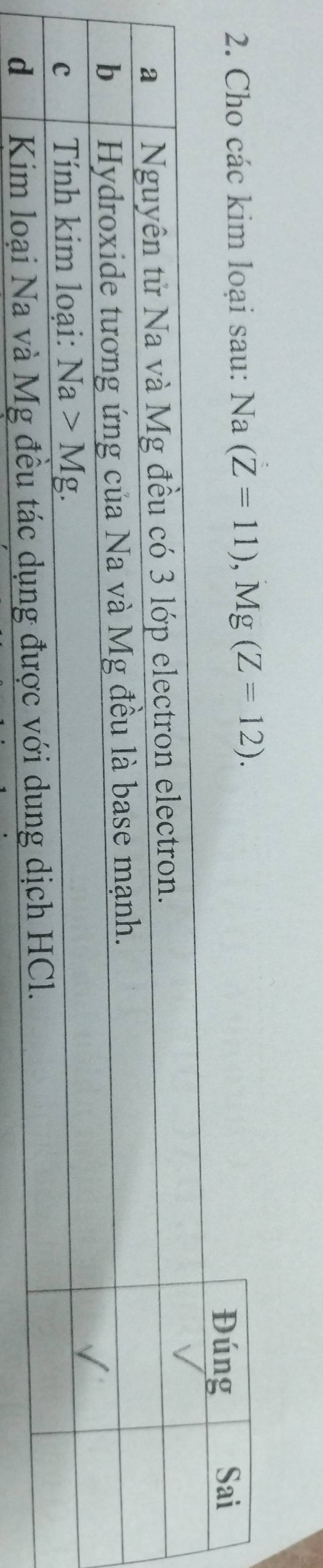 Cho các kim loại sau: Na Na(Z=11),Mg(Z=12).
Đúng Sai