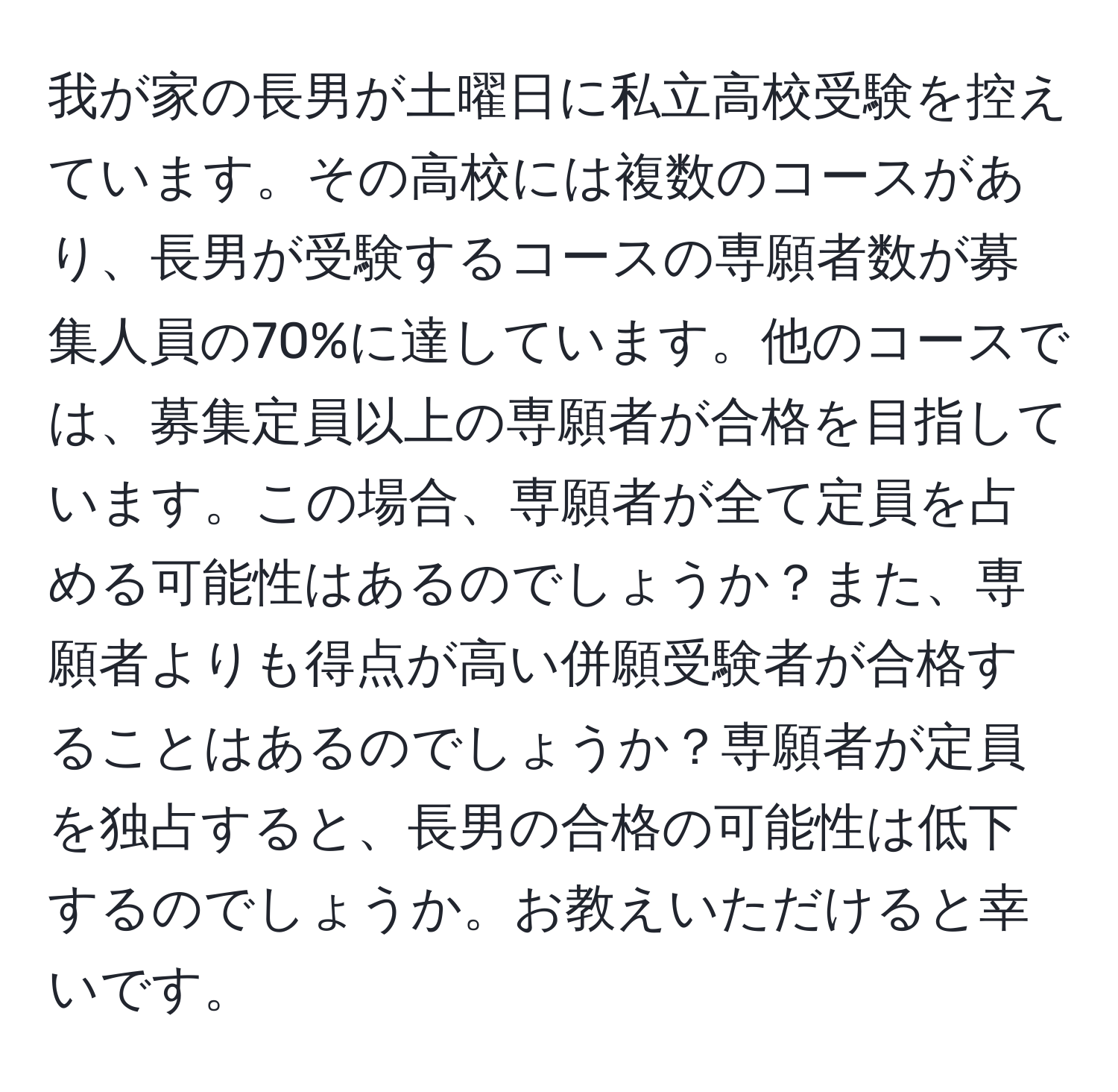 我が家の長男が土曜日に私立高校受験を控えています。その高校には複数のコースがあり、長男が受験するコースの専願者数が募集人員の70%に達しています。他のコースでは、募集定員以上の専願者が合格を目指しています。この場合、専願者が全て定員を占める可能性はあるのでしょうか？また、専願者よりも得点が高い併願受験者が合格することはあるのでしょうか？専願者が定員を独占すると、長男の合格の可能性は低下するのでしょうか。お教えいただけると幸いです。